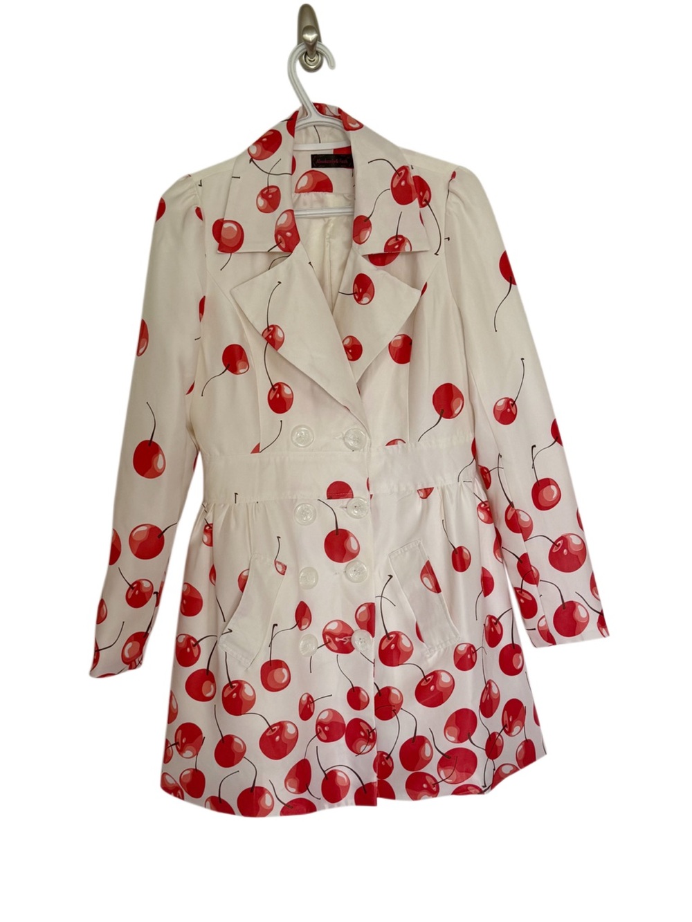Cream Cherry-Print Double-Breasted Trench Coat